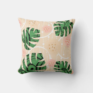 leaves monstera on pink throw pillow