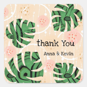 leaves ,monsters , pink, green, tropical, palm square sticker