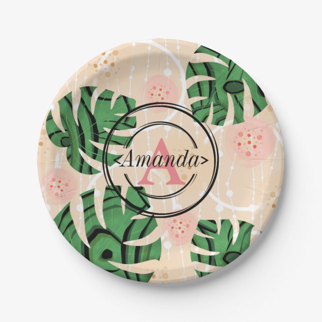 leaves ,monsters , tropical, palm, personalized paper plate (Front)