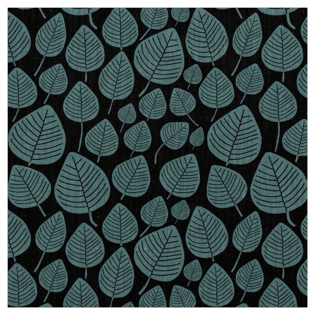 Leaves - Ocean Green on Black Fabric (Swatch)