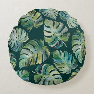 Leaves of exotic tropical plant monstera. Seamless Round Pillow