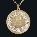 Leaves of Gold 50th Wedding Anniversary Gold Plated Necklace<br><div class="desc">Lovely 50th Golden Wedding Anniversary design on pastel mint aqua background with an overlay of elegant gold leaves. Matching gold banner and custom text areas ready for you to personalize. You can change the background to white or another colour by clicking the customize link. This design is available on other...</div>