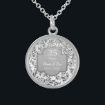 Leaves of Silver 25th Wedding Anniversary Sterling Silver Necklace<br><div class="desc">Lovely sterling silver 25th Wedding Anniversary necklace with elegant leaves of silver floral border on white background. Silver  grey banner with text says 25 Years.  Lower text area is ready  to be customized by you with names and year information.</div>