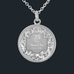 Leaves of Silver 25th Wedding Anniversary Sterling Silver Necklace<br><div class="desc">Lovely sterling silver 25th Wedding Anniversary necklace with elegant leaves of silver floral border on white background. Silver  grey banner with text says 25 Years.  Lower text area is ready  to be customized by you with names and year information.</div>