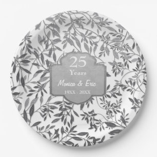 Leaves of Silver on White 25th Anniversary Paper Plate