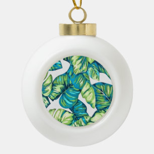 Leaves Of Tropical Monstera and Banana Blue Green Ceramic Ball Christmas Ornament