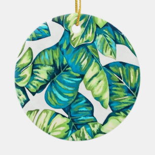 Leaves Of Tropical Monstera and Banana Blue Green Ceramic Ornament