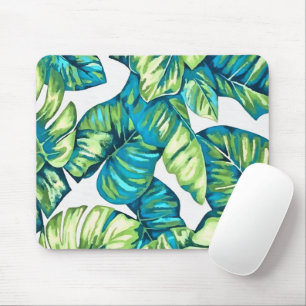 Leaves Of  Tropical Monstera and Banana Blue Green Mouse Pad