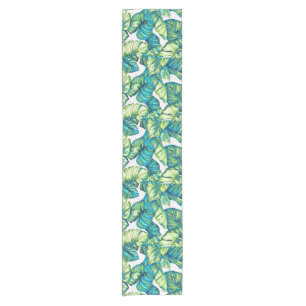 Leaves Of  Tropical Monstera and Banana Blue Green Short Table Runner