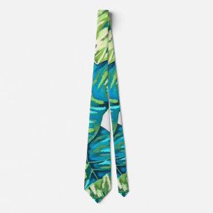 Leaves Of Tropical Monstera and Banana Blue Green Tie