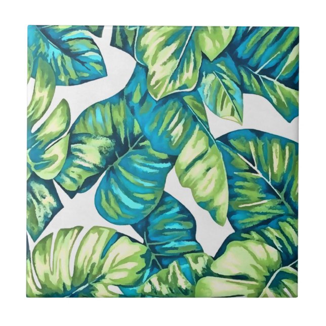 Leaves Of  Tropical Monstera and Banana Blue Green Tile (Front)