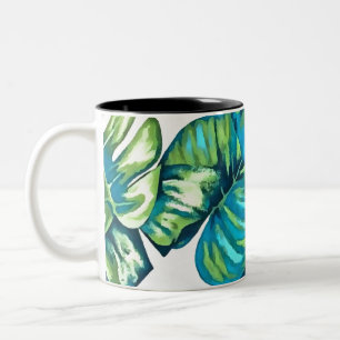 Leaves Of Tropical Monstera and Banana Blue Green Two-Tone Coffee Mug