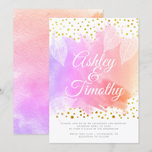 Leaves on pink watercolor calligraphy wedding invitation