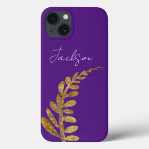 leaves on purple nature art add your own text  iPhone 13 case