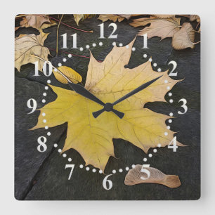 Leaves on sidewalk square wall clock