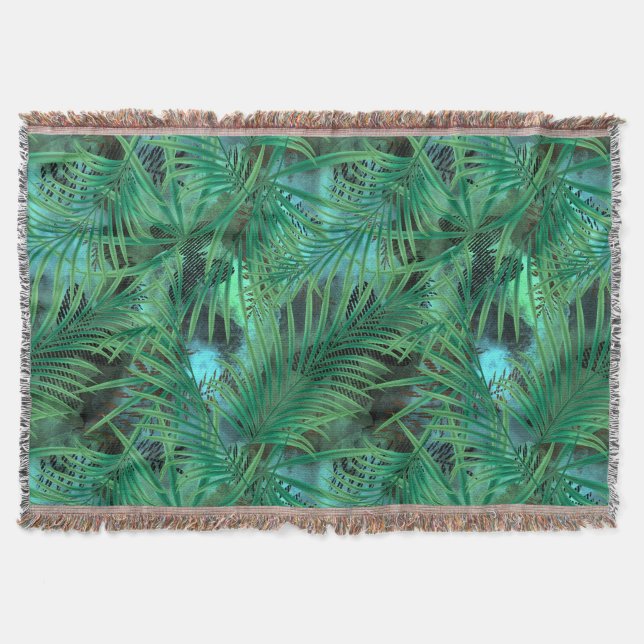 Leaves, palm ,trees, green, blue, tropical throw blanket (Front)