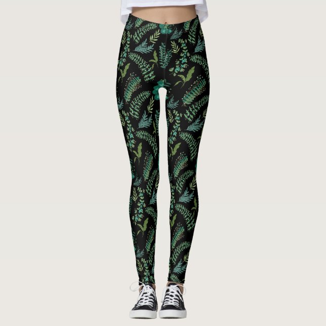 Leaves Pattern 10.bw Black BG Leggings (Front)
