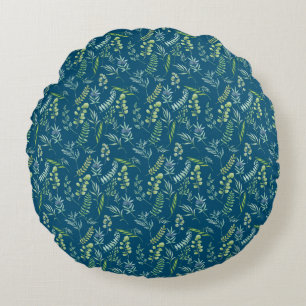 Leaves Pattern 11.bw DBlue BG Round Pillow