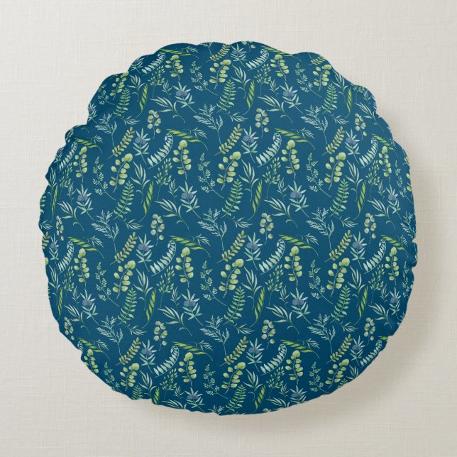 Leaves Pattern 11.bw DBlue BG Round Pillow (Front)