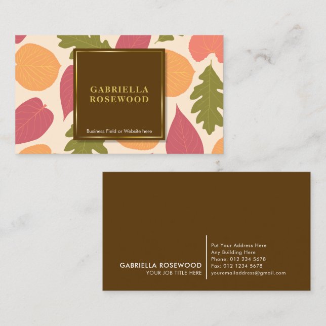 Leaves Pattern Gold Frame | Brown Nature Colour  Business Card (Front/Back)