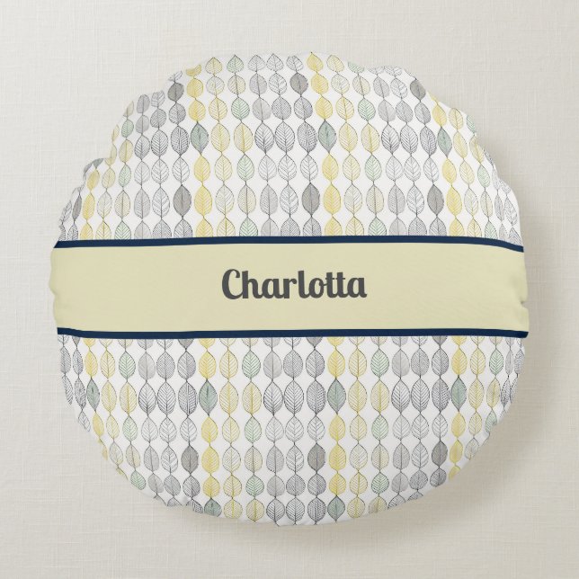 leaves pattern gray and yellow round pillow (Front)