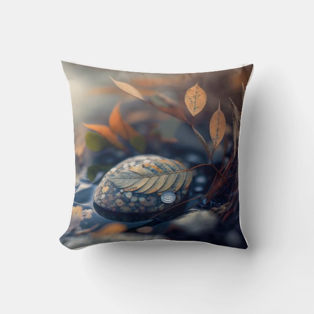 Leaves Pebbles Calm Tranquil Nature Peaceful River Throw Pillow (Front)