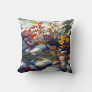 Leaves Pebbles Calm Tranquil Nature Peaceful River Throw Pillow