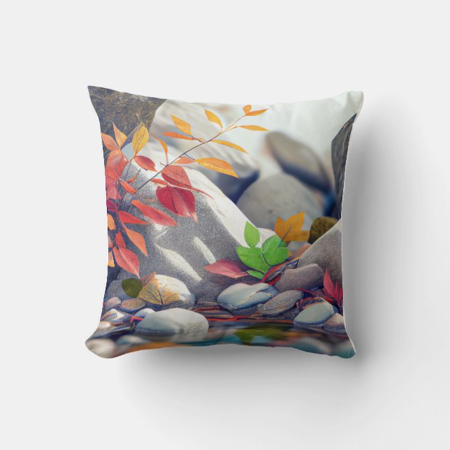 Leaves Pebbles Calm Tranquil Nature Peaceful River Throw Pillow (Front)