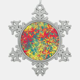 leaves red green yellow and white snowflake pewter christmas ornament