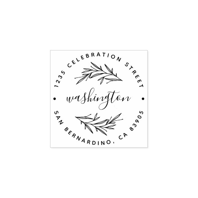Leaves & Script Custom Family Name Return Address Rubber Stamp (Imprint)