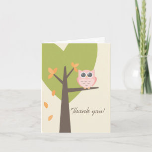 Leaves Tree Pink Owl Autumn Baby Shower Thank You Card