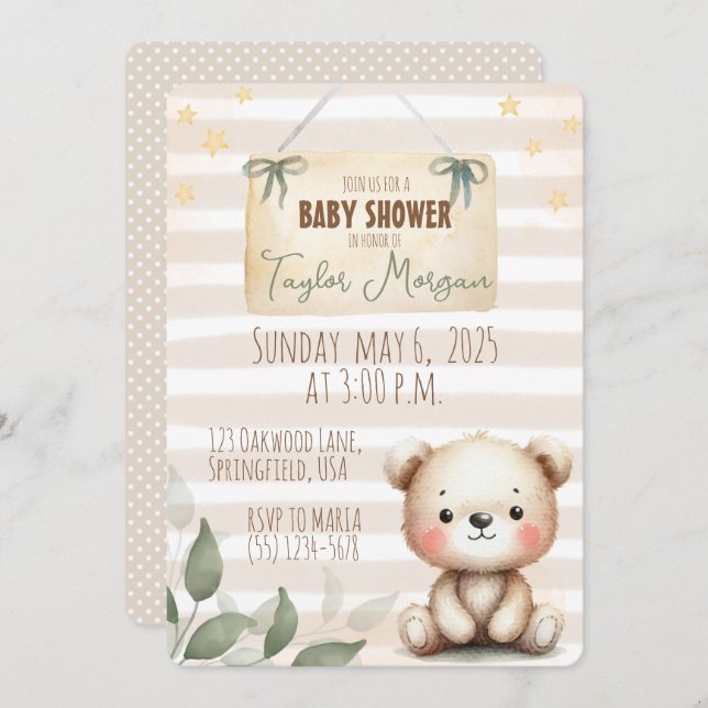 Leaves Watercolor Teddy Bear Invitation (Front/Back)