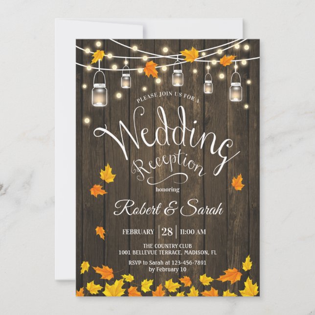 Leaves Wood Lights Fall Rustic Wedding Reception Invitation (Front)