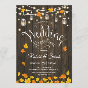 Leaves Wood Lights Fall Rustic Wedding Reception Invitation