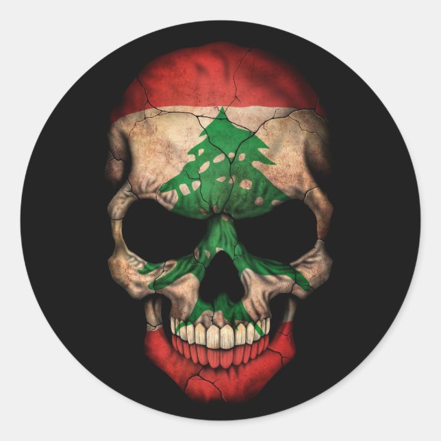 Lebanese Flag Skull on Black Classic Round Sticker (Front)
