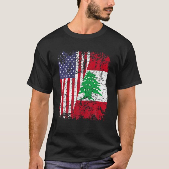 LEBANESE ROOTS Half American Flag LEBANON T Shirt (Front)