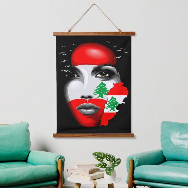 Lebanon Flag and Map on girl's face Hanging Tapestry (Living Room)