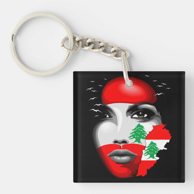 Lebanon Flag and Map on girl's face Keychain (Front)
