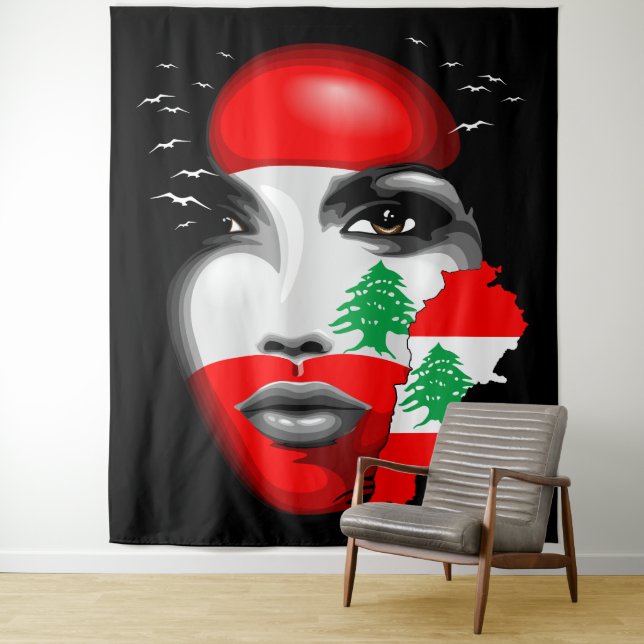 Lebanon Flag and Map on girl's face Tapestry (In Situ)