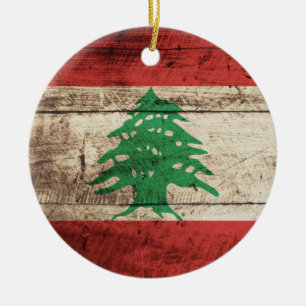 Lebanon Flag on Old Wood Grain Ceramic Ornament