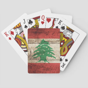 Lebanon Flag on Old Wood Grain Playing Cards