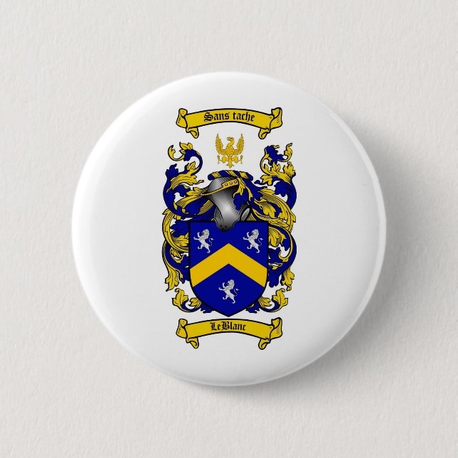 LEBLANC FAMILY CREST -  LEBLANC COAT OF ARMS 2 INCH ROUND BUTTON (Front)