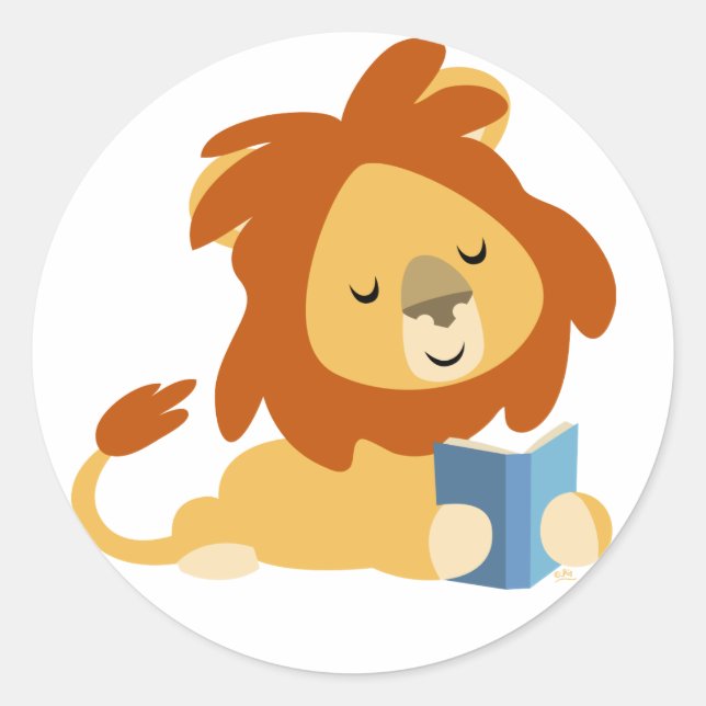 Lecture Cartoon Lion autocollant rond (Devant)