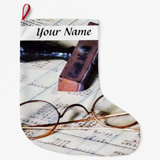 Ledger With Eyeglasses and Rubber Stamp Large Christmas Stocking (Front)