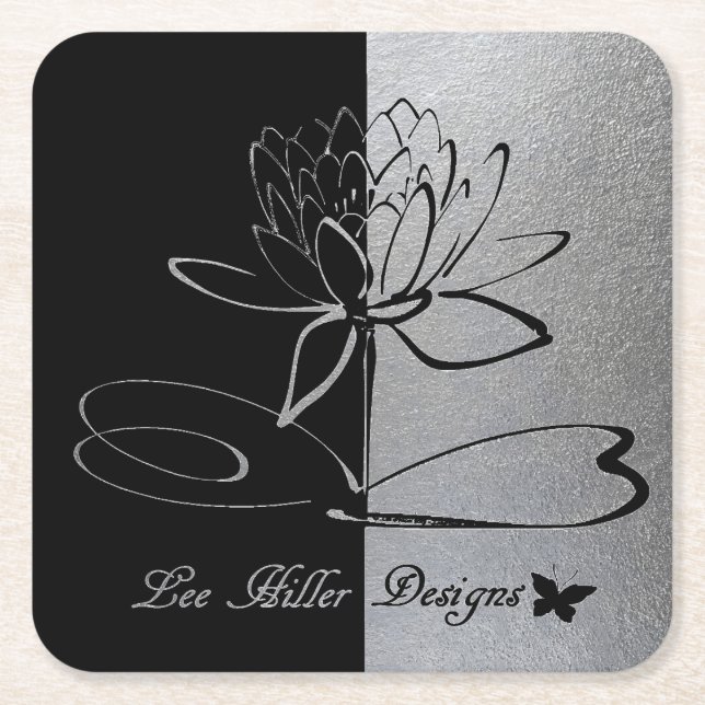Lee Hiller Designs Logo Accents Black & Stainless Square Paper Coaster (Front)