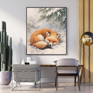 leeping fox   winter fox illustration   snowy fox poster