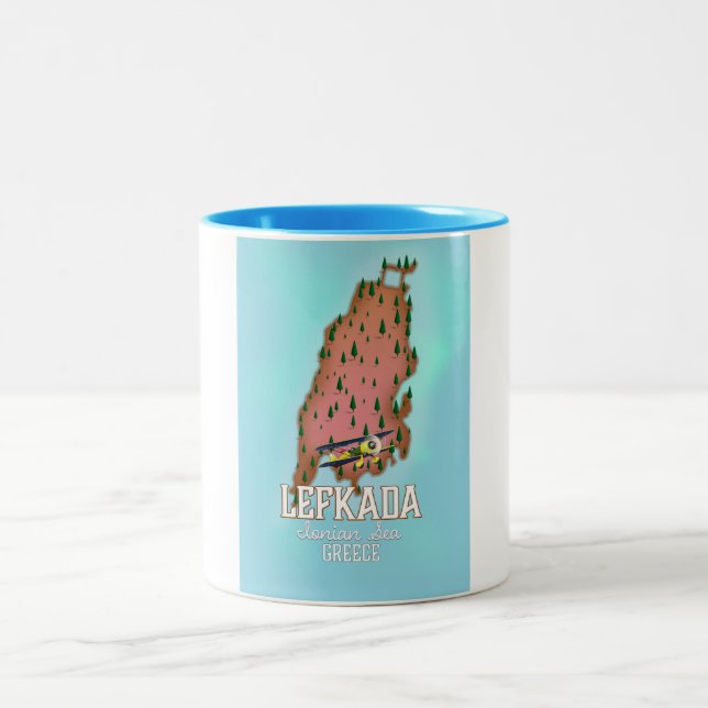 Lefkada Greece travel poster. Two-Tone Coffee Mug (Center)