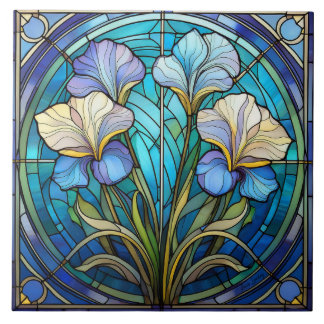 Left Floral Iris Art Nouveau Blue Green Retro Tile
