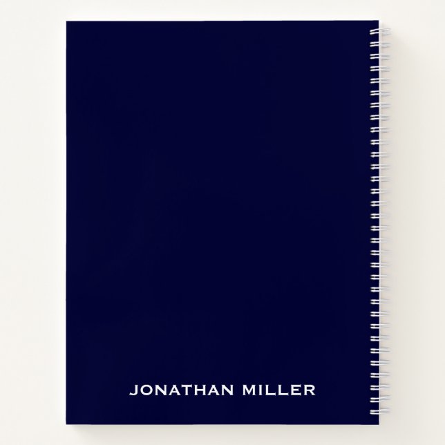 Left-Handed Navy Blue and White Personalized Name Notebook (Back)