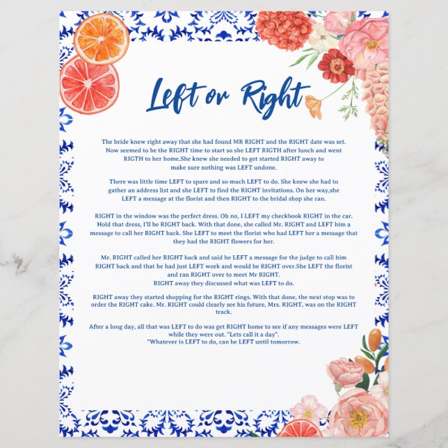  Left or right Thats amore bridal shower game (Front)